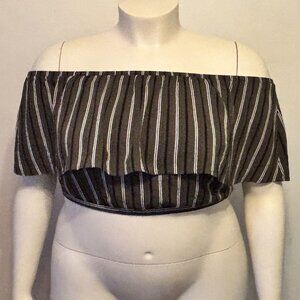 Torrid Plus 1X Olive Green W/ Black and White Stripes Off Shoulder Crop Top NWOT